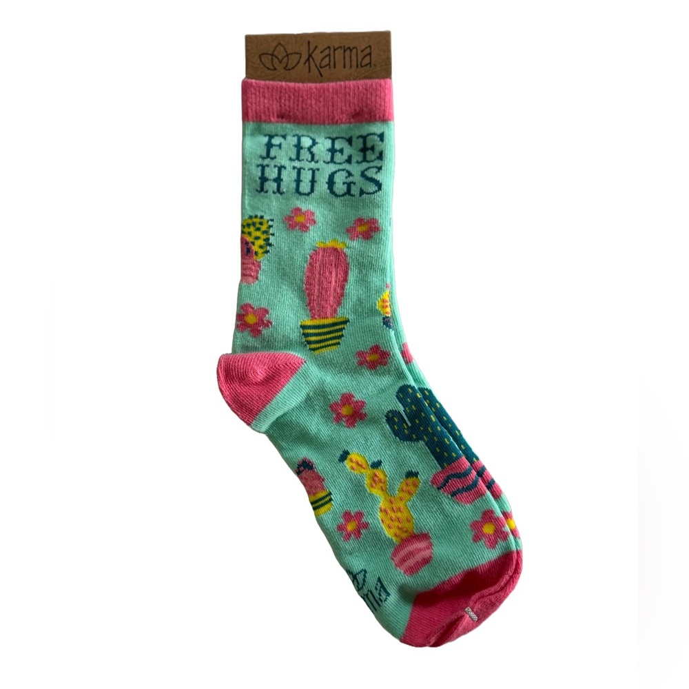 Pink and Green โFree Hugsโ Cactus Socks By Karma